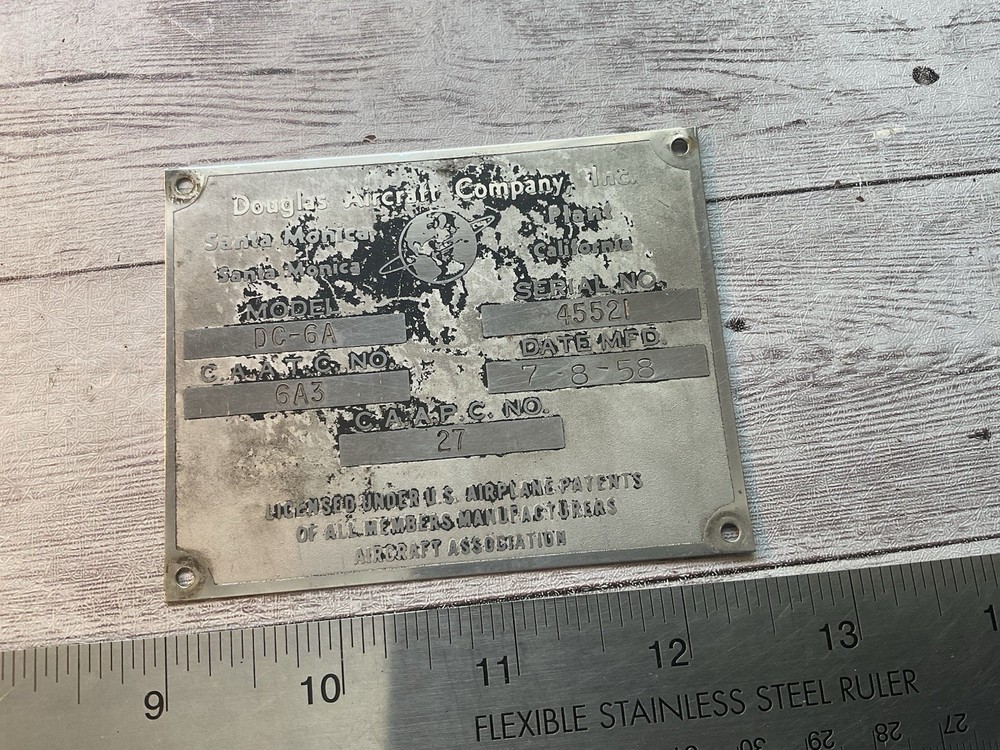 ORIGINAL 1958 DOUGLAS DC-6A AIRCRAFT DATA SPEC NAME PLATE