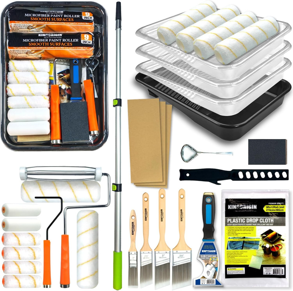 King Origin 31 Pcs Paint Roller Kit, 9" & 4" Paint Roller Extension Pole, Paint