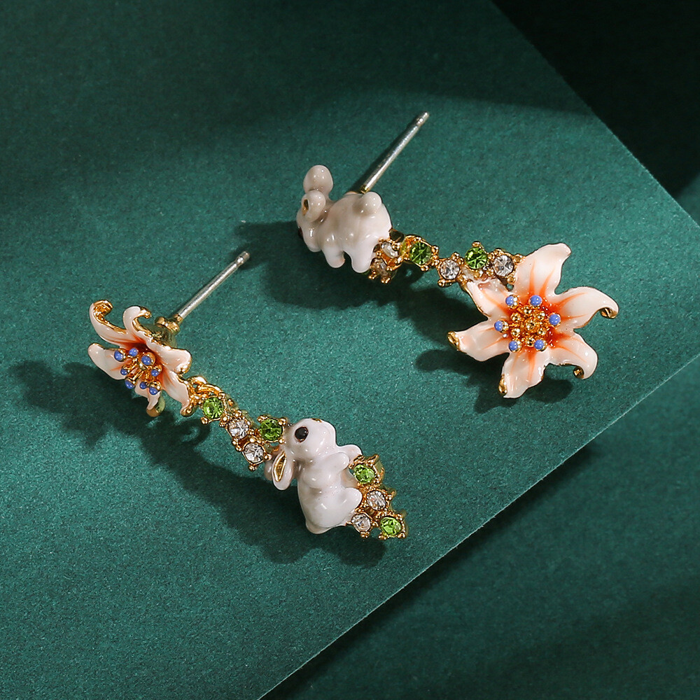 Original Design Enamel White Rabbit Bunny Flower Asymmetrical Dangle Earrings