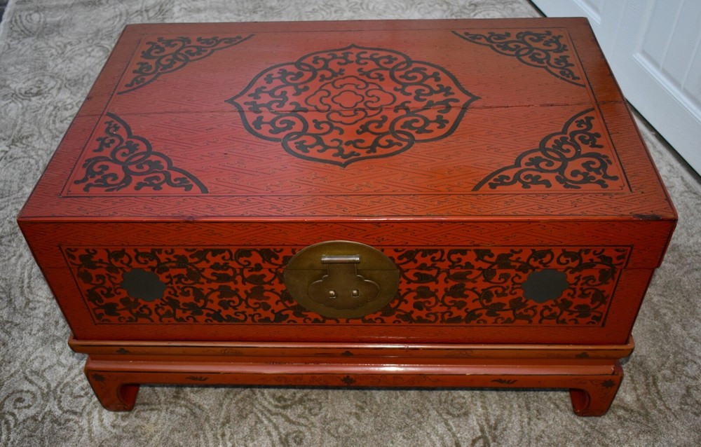 Antique Painted Asian Trunk on Stand