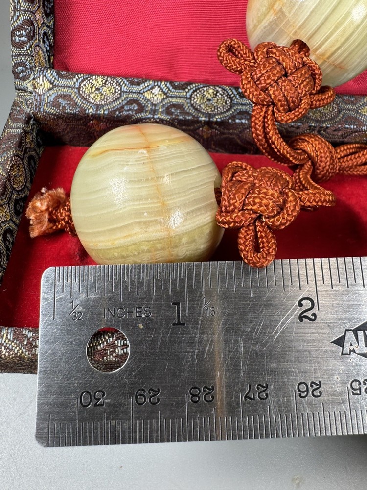 Vintage Onyx Baoding Balls – Rare Stone Style, Red Lined Brocade Box