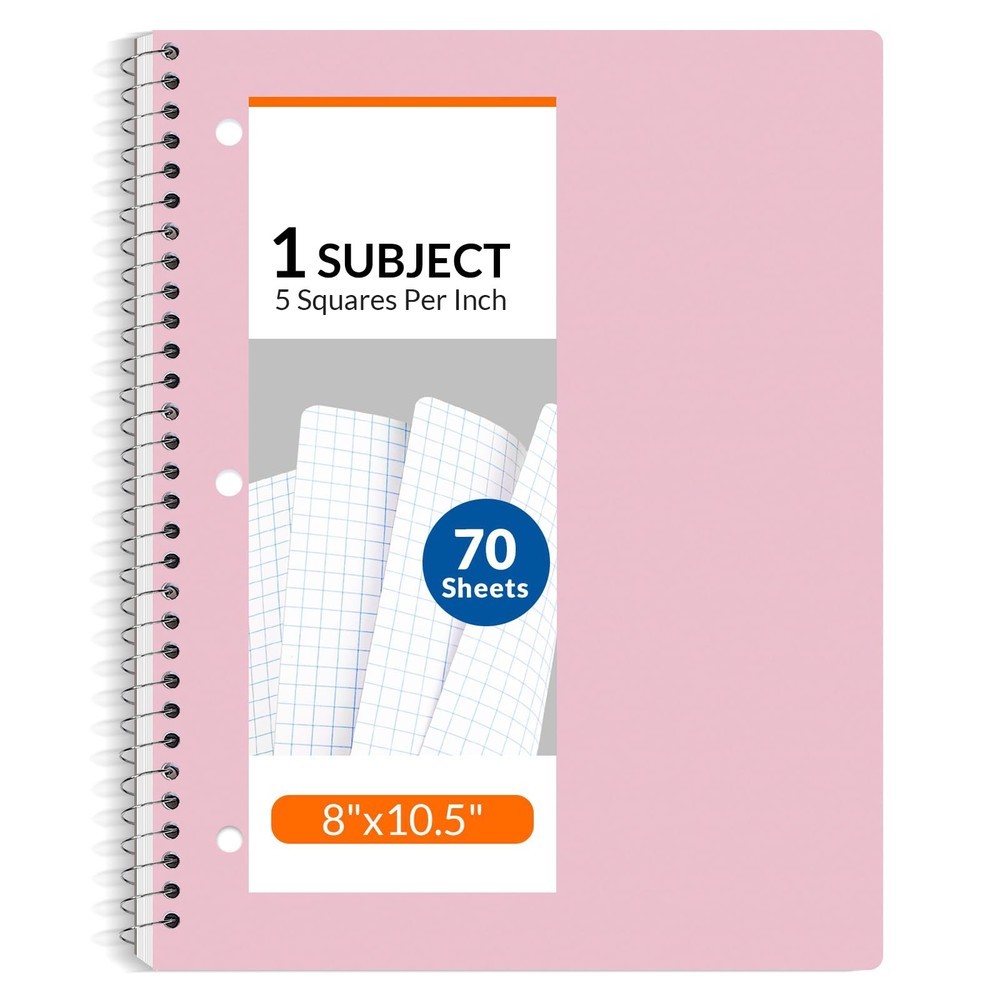 Spiral Notebook, 70 Sheets Graph Paper, 5X5 Grid, Work, Pink