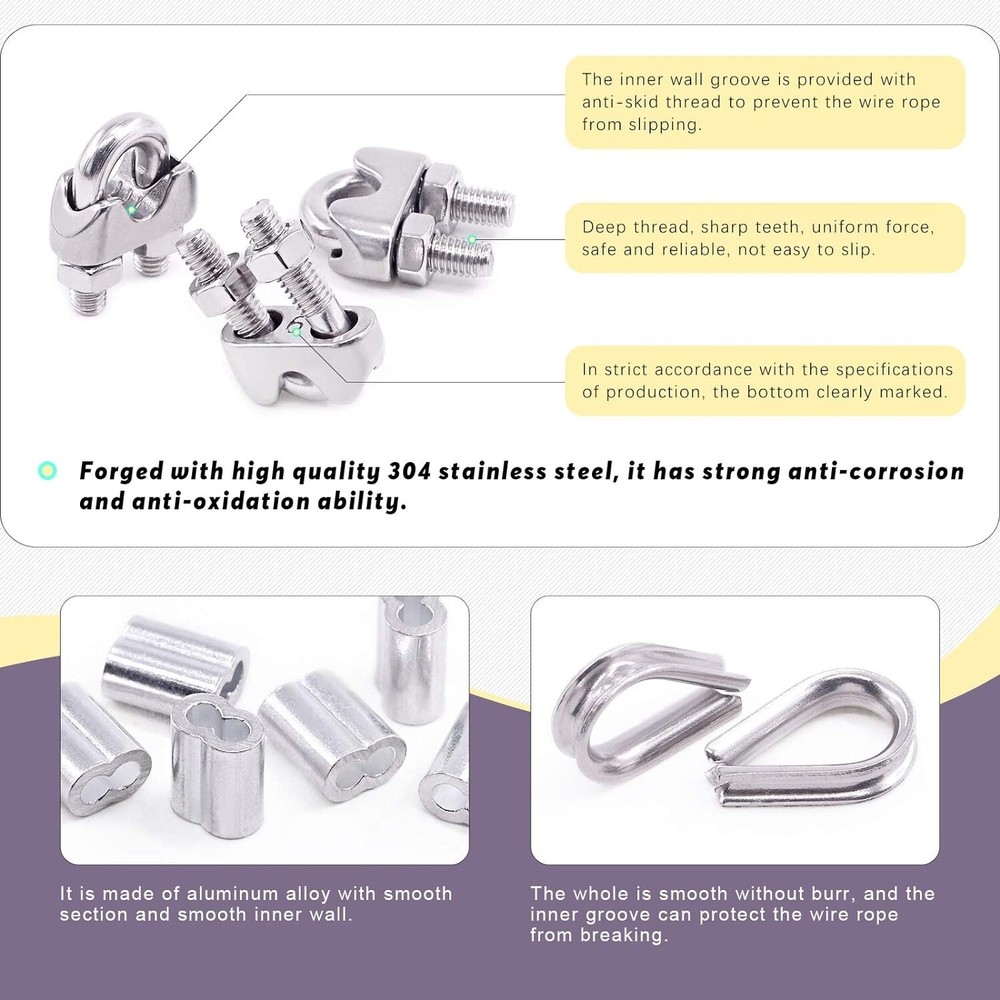 Premium Versatile Wire Rope Accessory Set - Cable Clip - Thimble - Crimping Loop