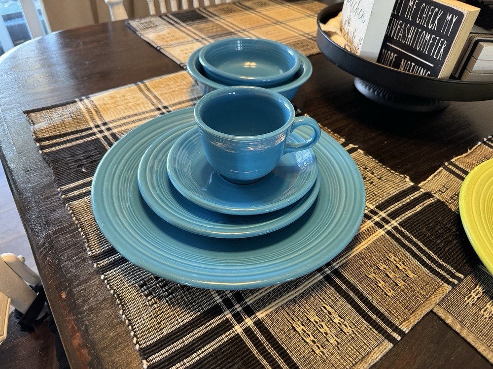 Fiesta Dinner Set Blue & Green Ceramic 2 Place Settings Plates Bowls Cups