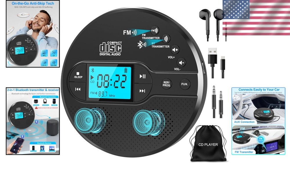 Portable CD Player with Bluetooth FM Transmitter Rechargeable Anti-Skip
