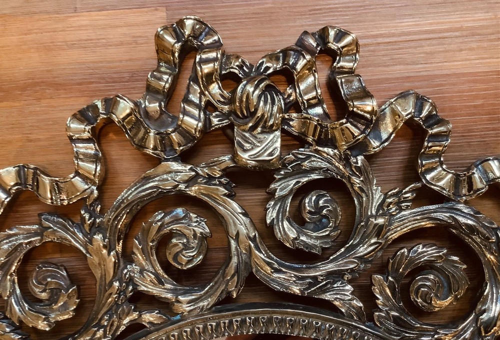Ornate Victorian Solid Brass Oval Wall Mirror Bow & Laurel Rosettes 18” x 14.5”