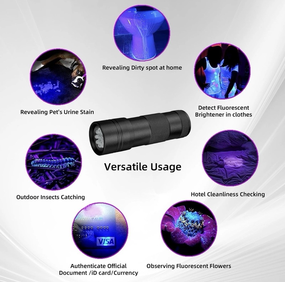 UV Flashlight Black Light–Small Portable Mini 12 LED Blacklight Box Damage