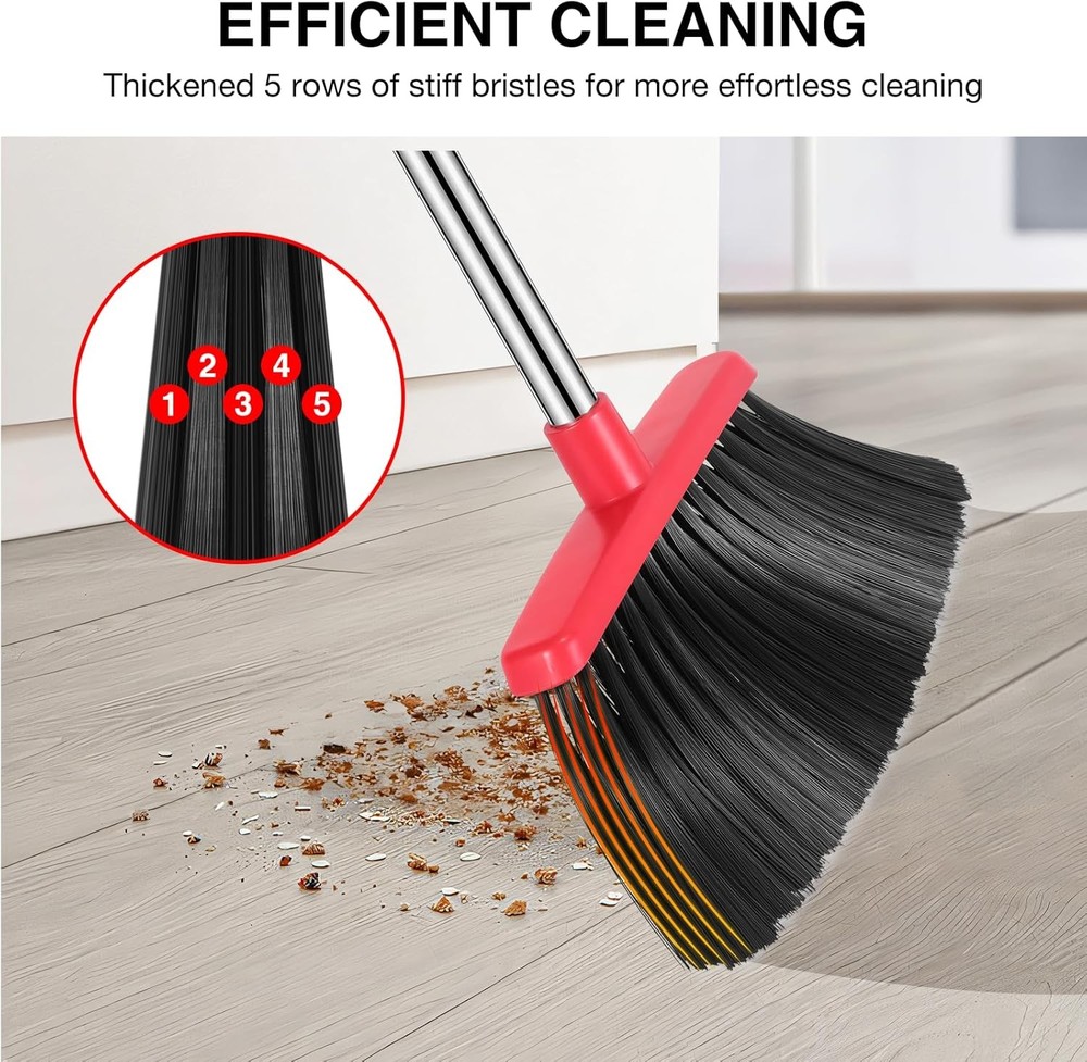Broom and Dustpan Set, 52-in Long Adjustable Handle Medium-2 Pack, Black Red