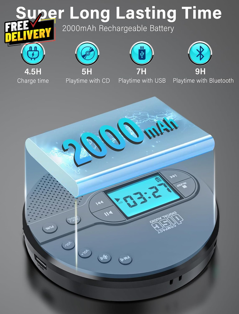 Portable CD Player Bluetooth Rechargeable Discman FM Speaker USB…