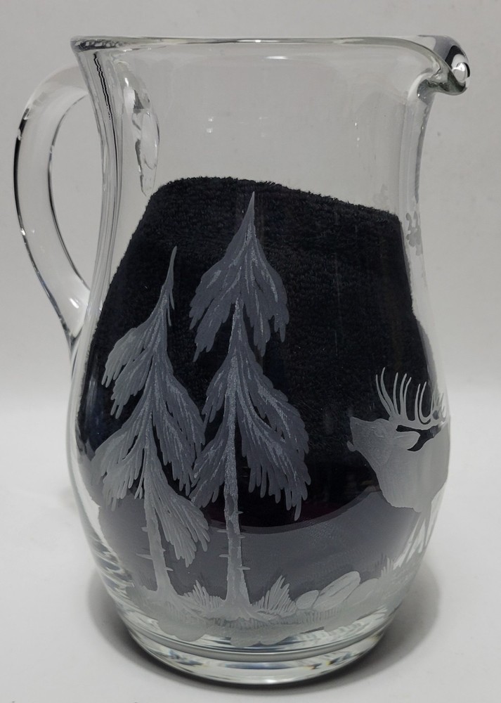 Etched Elk In Forest Crystal Pitcher