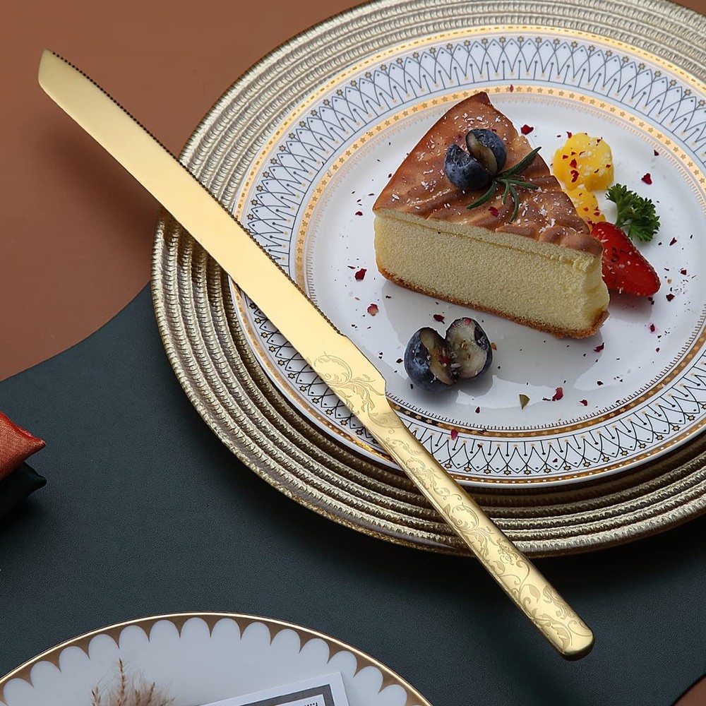 Gold Wedding Cake Knife and Server Set Titanium Gold Plating With Unique Pattern