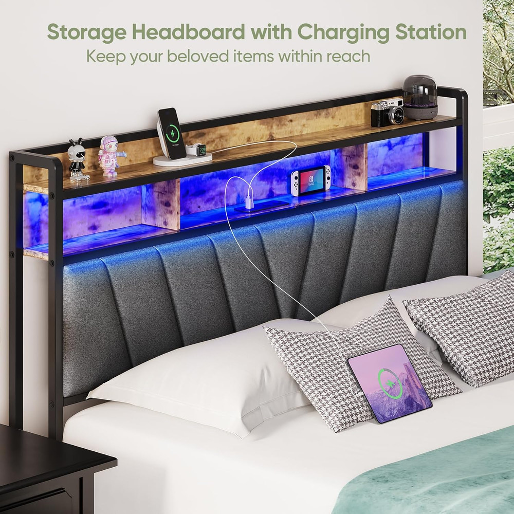 Queen Bed Frames with Headboard, LED Lights Queen Size Bed Frame with Charging S