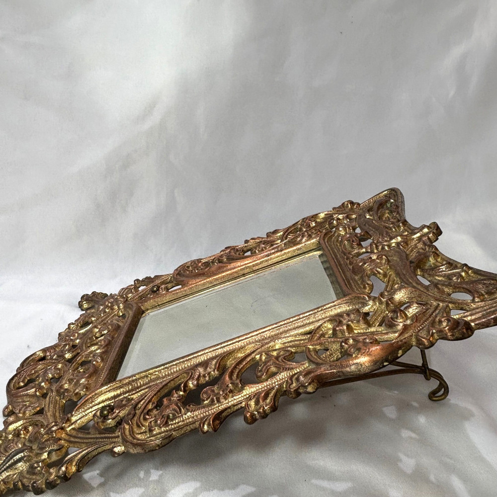 Antique Brass Frame Rococo Style Mirror Table Top Bevel Edge Easel Back