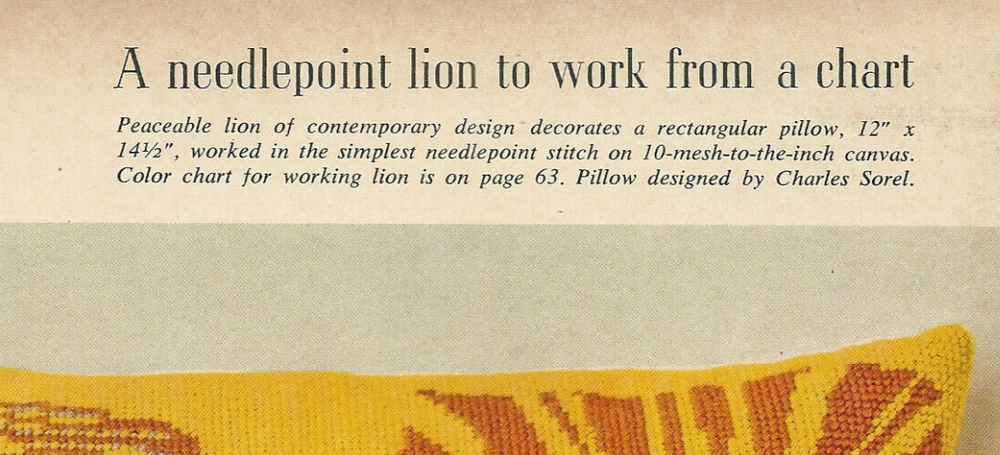 Peaceable Lion Animal Pillow Needlepoint PATTERN CHART from a magazine