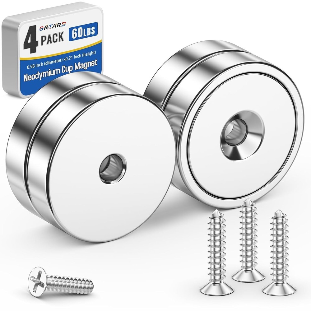 Durable 4 Pack Neodymium Cup Magnets - 60LBS Pull Force for Home & Garage