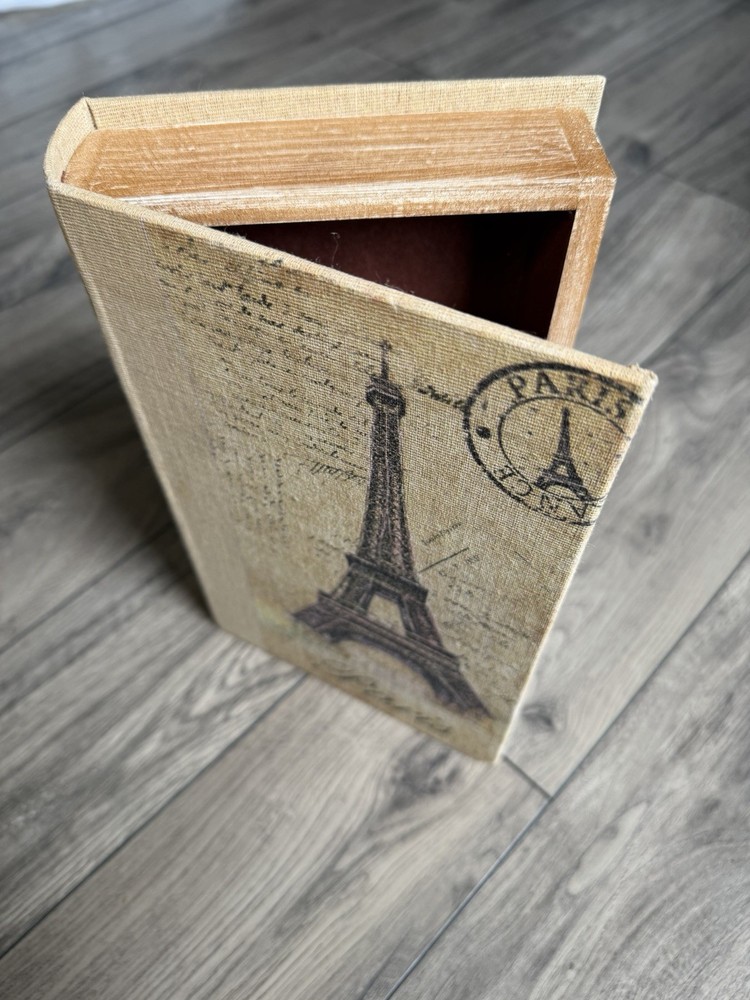 Vintage Eiffel Tower Script Book Box Hidden Storage Beige Brown Medium