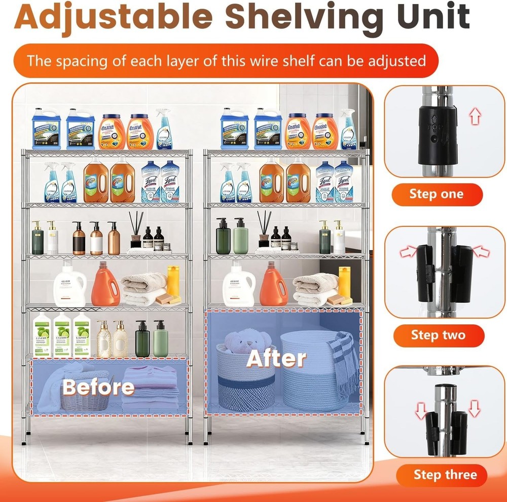 Chrome Wire Storage Shelf - 6 Tiers, Adjustable & Mobile, Ideal for Garage