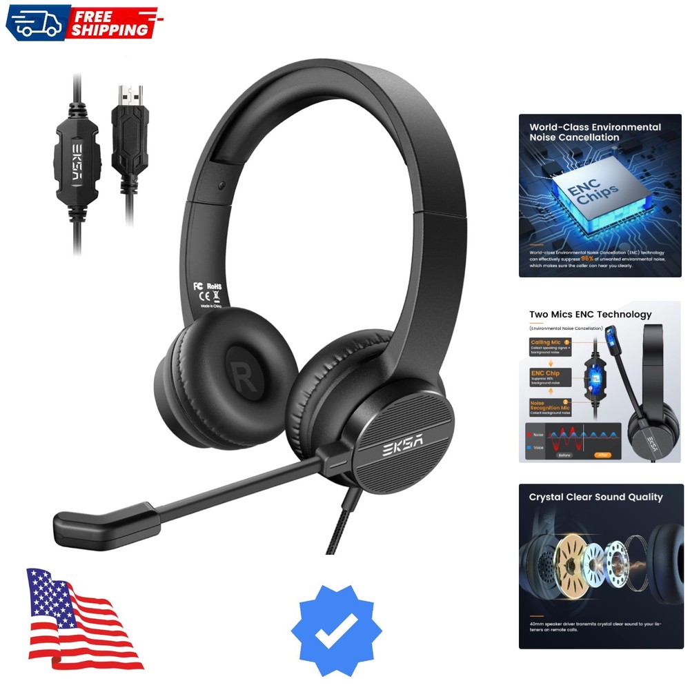 USB Headset with Microphone for PC Laptop, Wired Computer Headset Environment...
