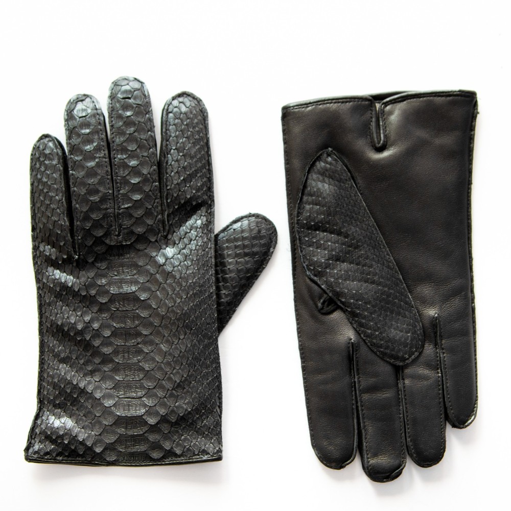 Men's Luxury Matte Black Python Skin Gloves, Sz 10 Large
