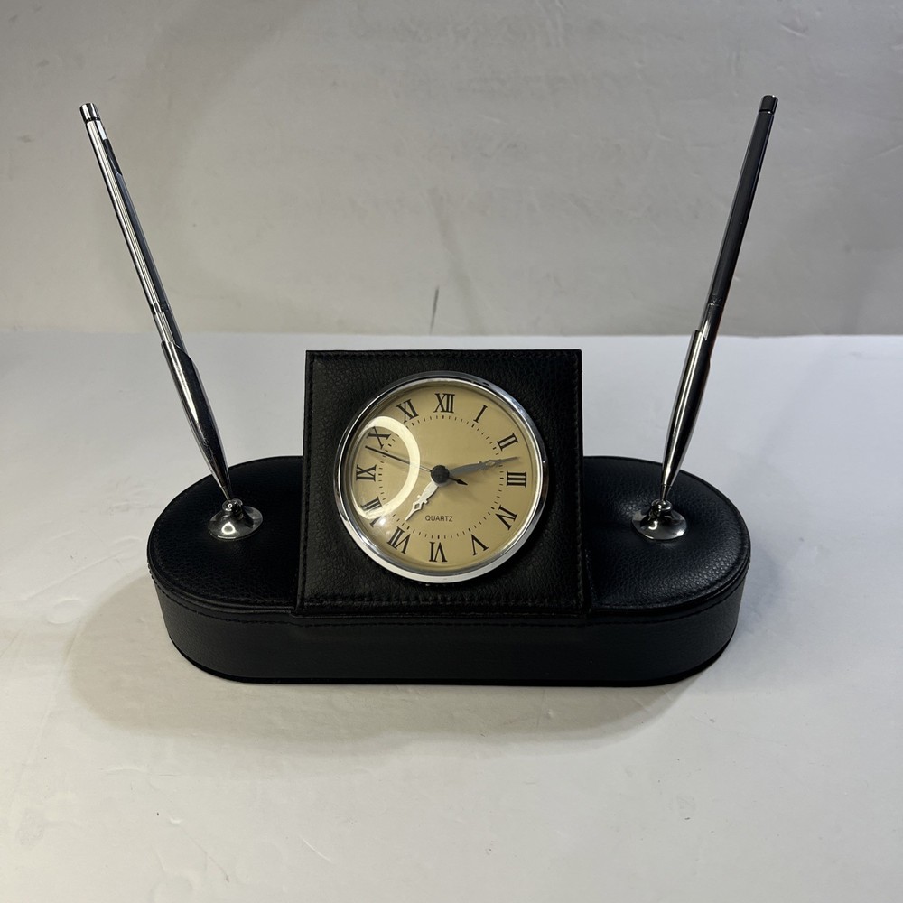Leather Desk Clock & 2 Pens Leather Wrapped