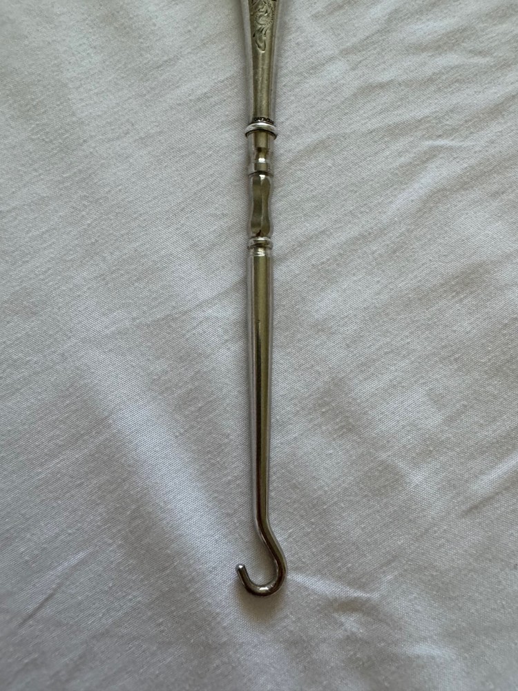 Antique Sterling Silver Handle Button Hook Engraved Scrolling and Flower Design