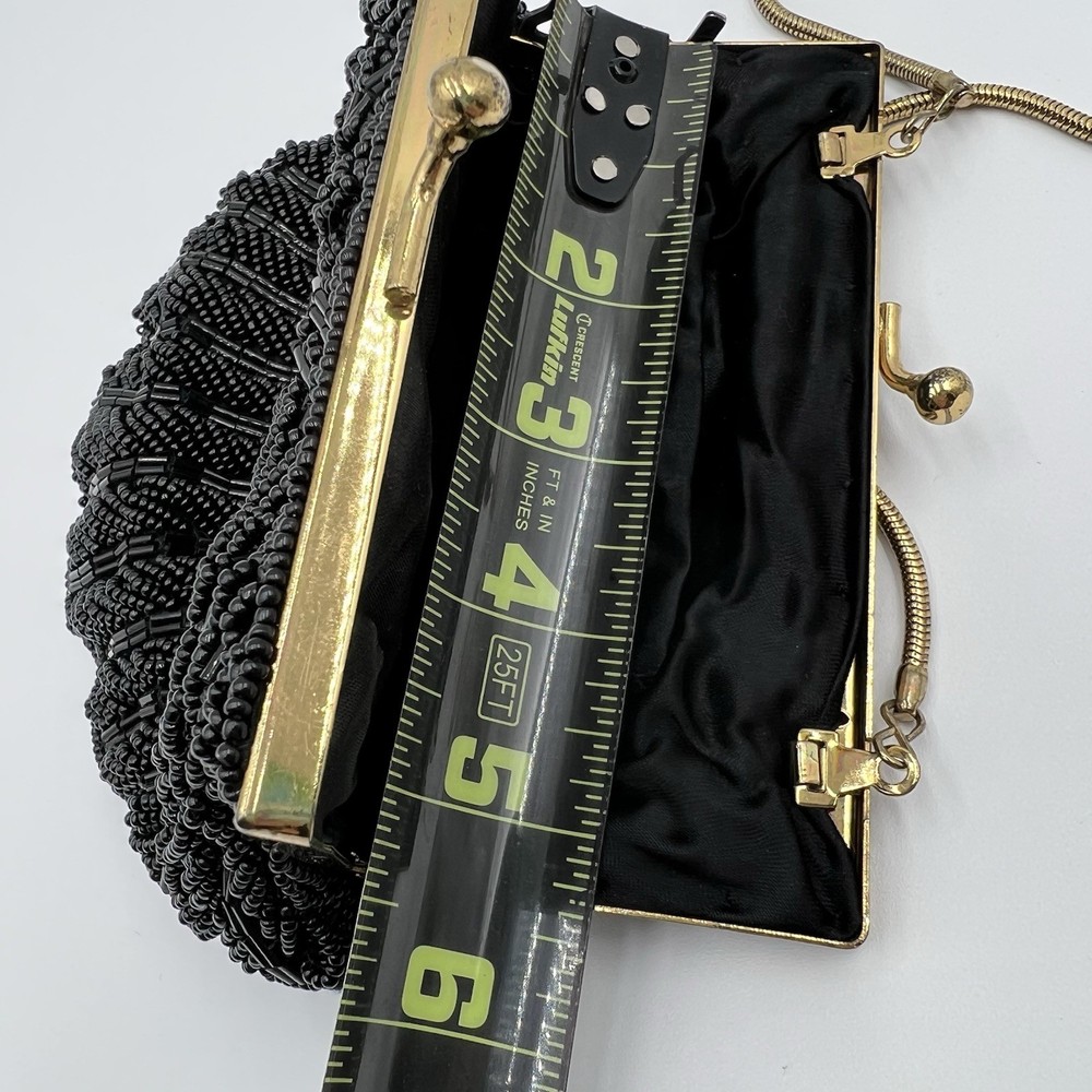 Clam Shell Black Beaded Vintage Clutch with Chain Strap