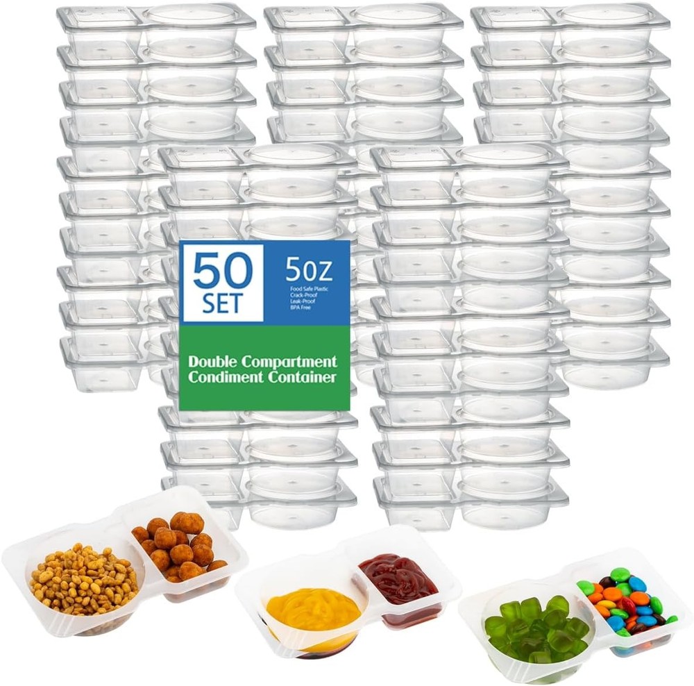 50 Pack Double Compartment Condiment Container with Lid, 5oz Disposable Clear