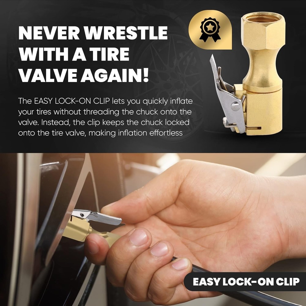 Air Chuck, Open Flow Heavy-Duty Locking Tire, with Quick Connect, Solid Brass...