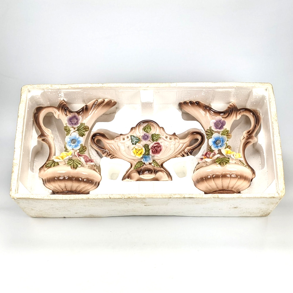 Vintage 3 Piece Floral Pattern Pitcher Console Set