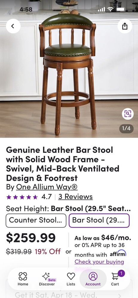 One Allium Way Leather Barstool, Solid Wood, Swivel, Mid-Back, Green