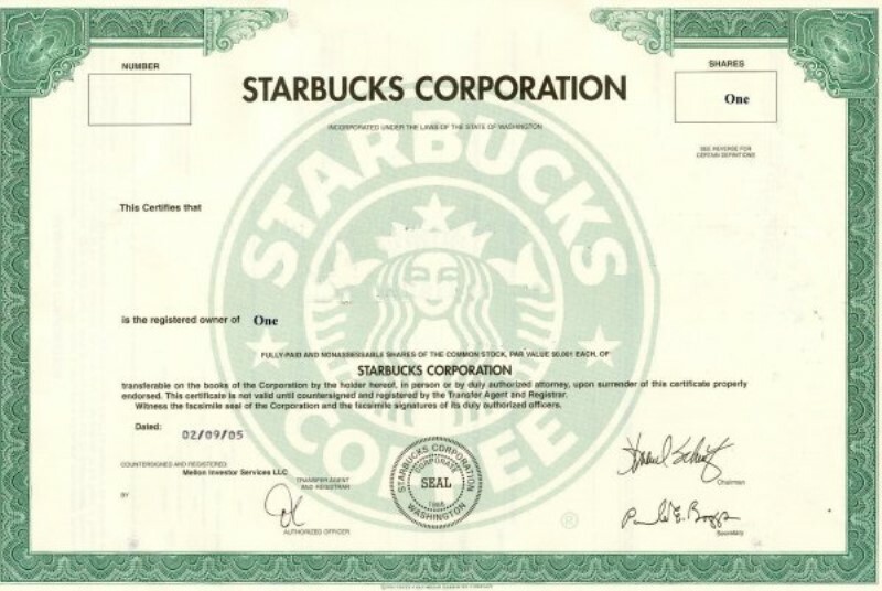 Starbucks stock certificate COPY of original document