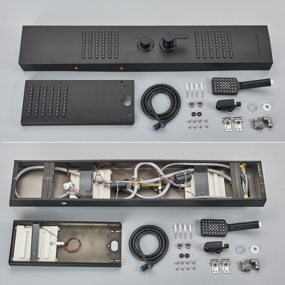 LED Black RainFall Shower Panel Tower System w/ Shower Spayer Massage Body Jet