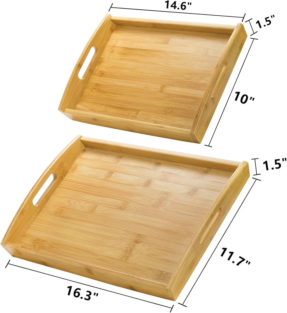 Peohud 4 Pack Bamboo Serving Trays with Handles, Rectangular Kitchen