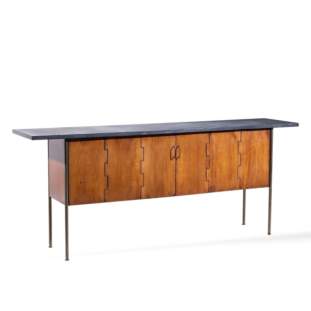 Milo Baughman for Directional Walnut, Slate and Brass Console Credenza