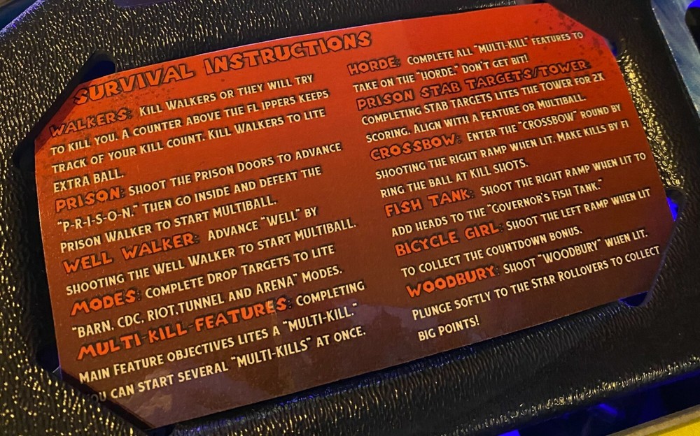 Stern Walking Dead Pinball Custom Apron Cards Set Instruction Rules Information