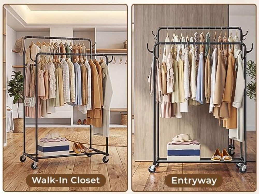 Portable Rolling Clothing Rack with Double Rods for Hanging Clothes