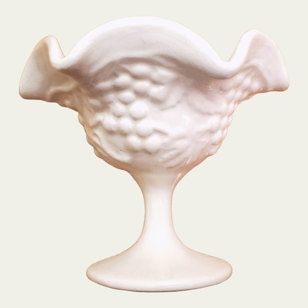 Grape Pattern Compote Ruffled Edge Footed Stemmed White Ceramic
