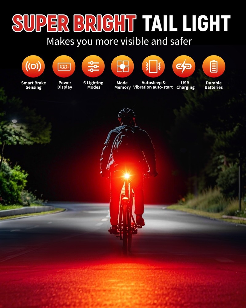 Bike Tail Light with Display Screen, USB-Rechargeable 6 Light Modes, IP55 Wat...