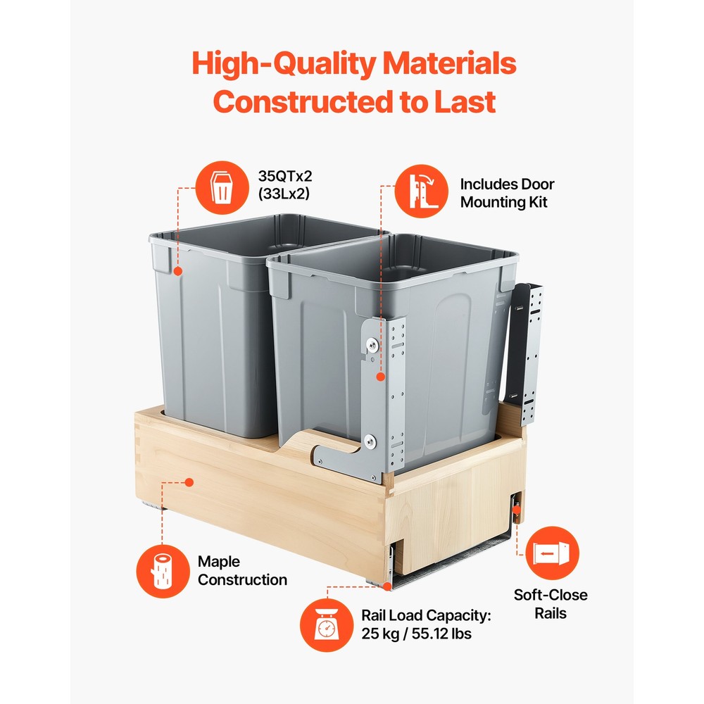Double 35QTx2 Pullout Waste Container Under Cabinet Kitchen Bin Trash Can
