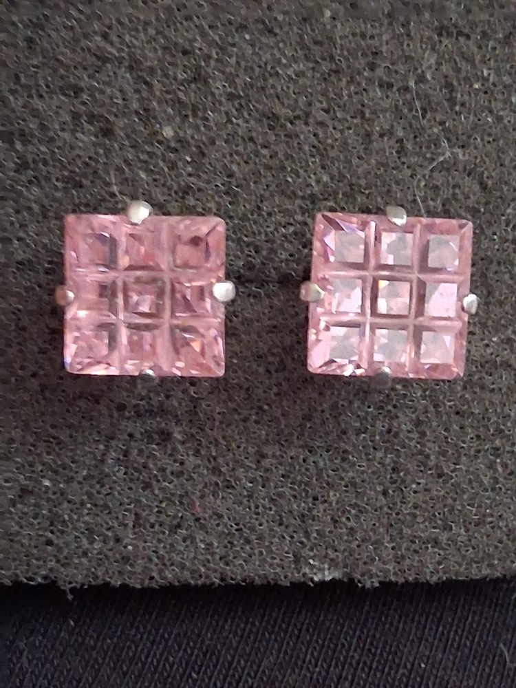 Sterling silver invisible cut pink stone grid pattern stud earrings, prong set