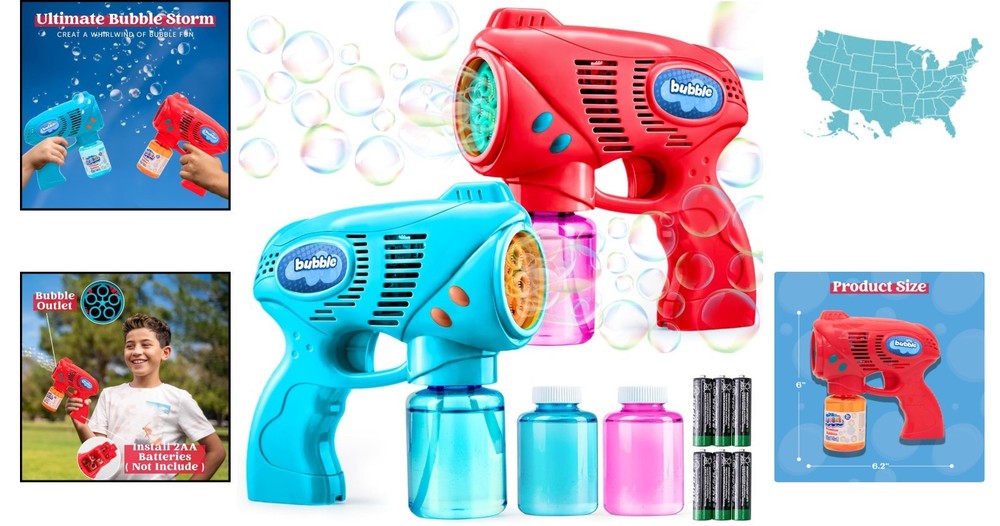 Kids Bubble Guns Set - 2 Blasters with 10 oz Safe Bubble Solution & Batteries
