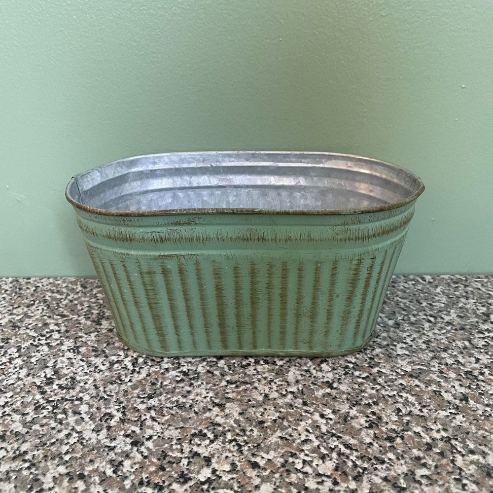 Galvanized Metal Green Oval Planter Or Storage Tin