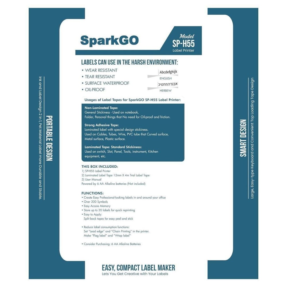 SparkGo SP H55 Handheld Compact Hebrew English Label Maker Bundle (Black)