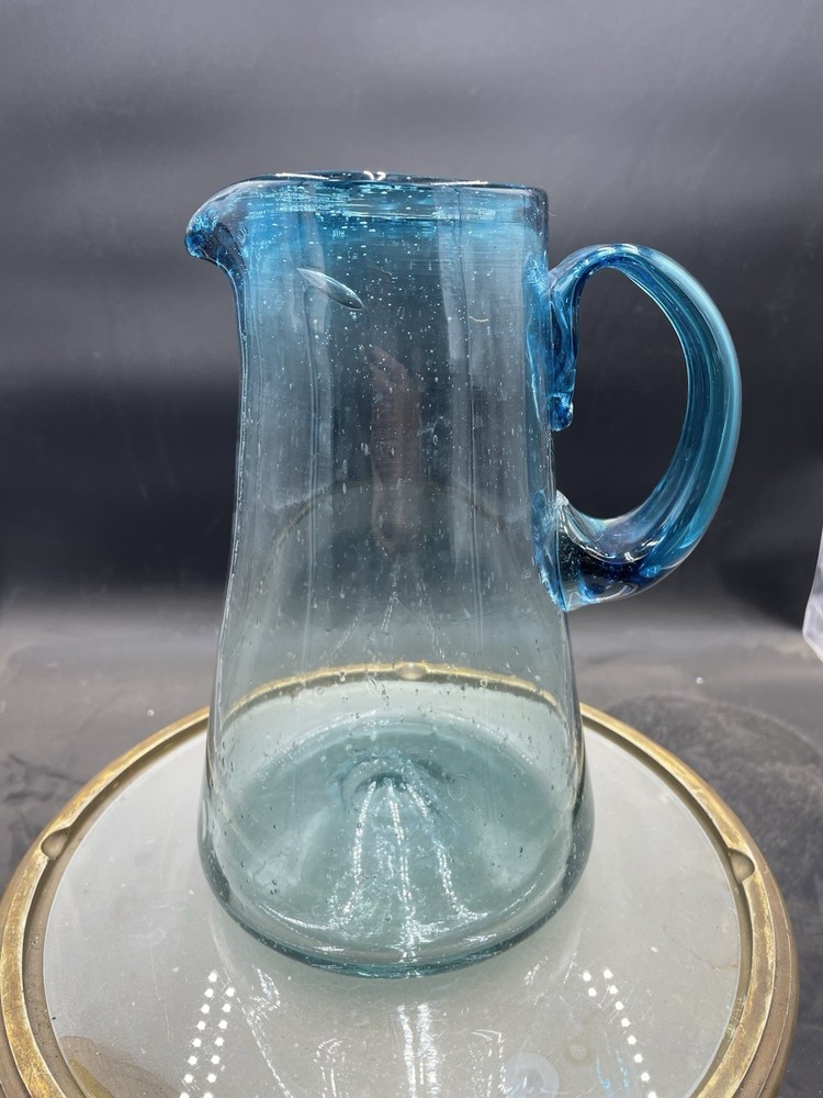 Vintage Hand Blown Blue Glass 9” Pitcher
