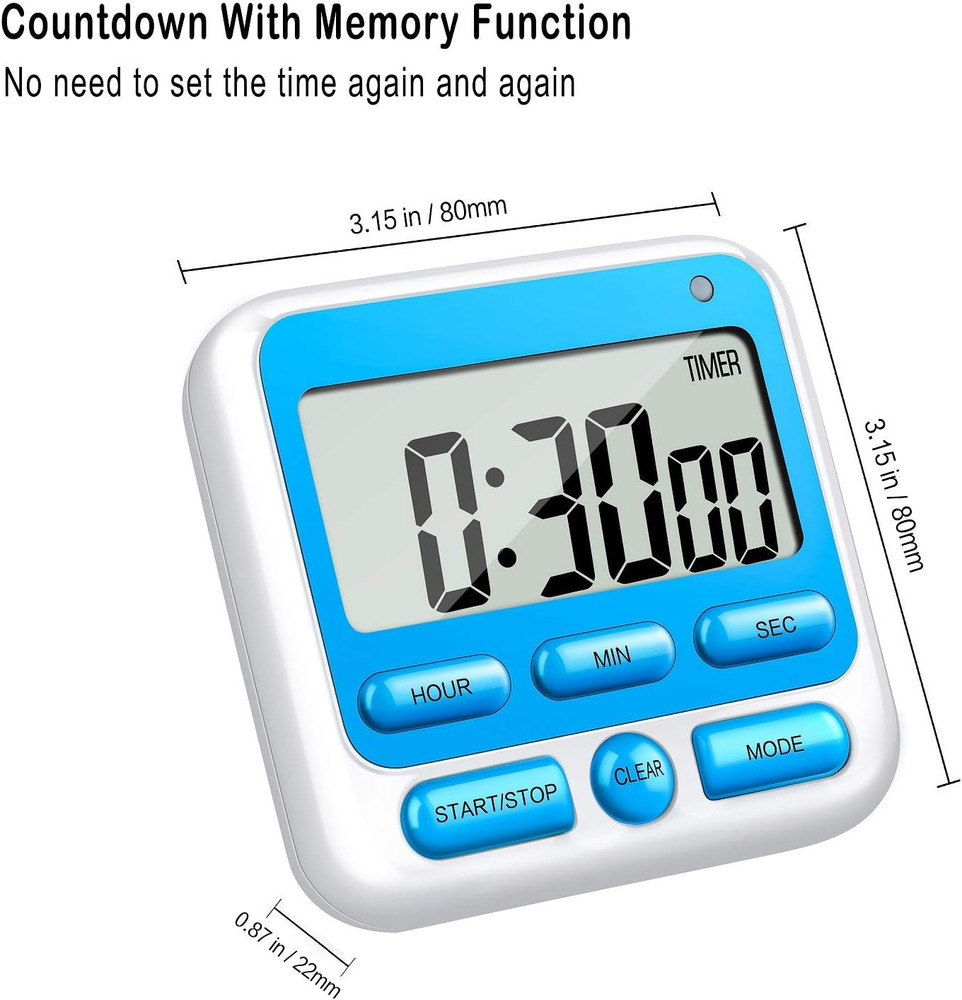 Digital Kitchen Timer with Mute/Loud Alarm Switch On/Off Switch, 12-Hour Clock &