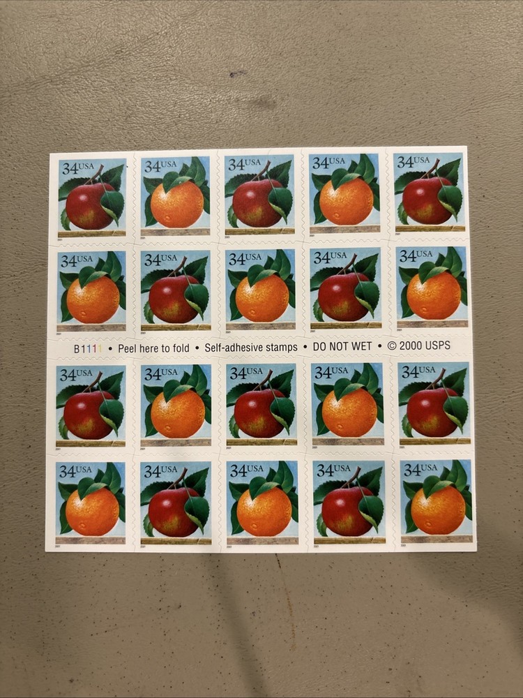 2001 34c Apple & Orange Complete Mint Stamp Booklet #3492b