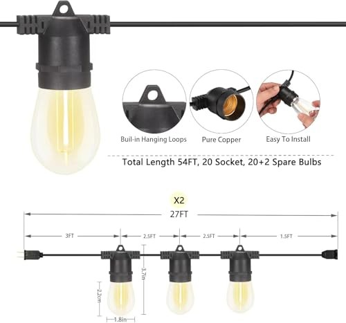 LED Outdoor String Lights, Shatterproof Waterproof 54Ft (Maximum 918Ft) 54FT