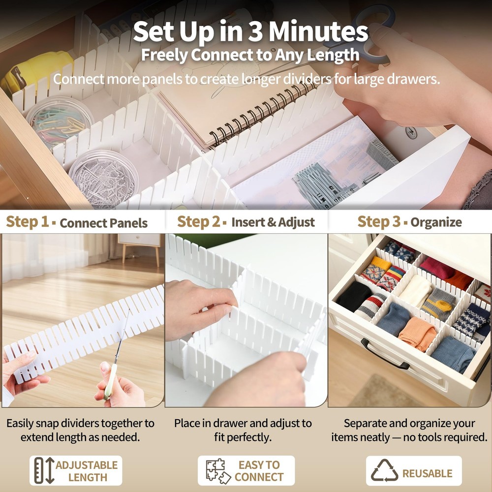 Drawer Divider Adjustable DIY Storage Organizer Separator for Tidying Clutter...