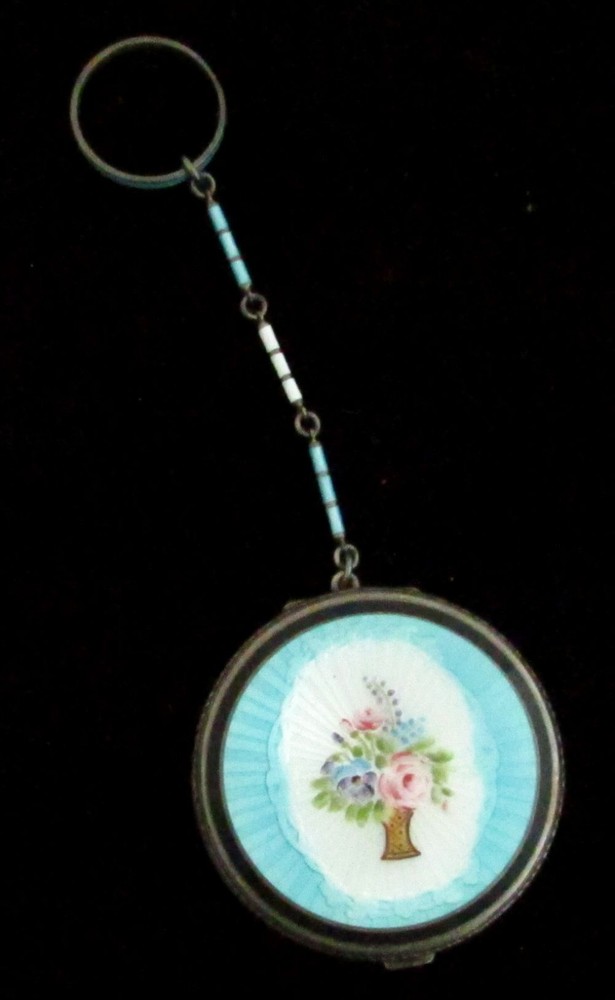 BEAUTIFUL STERLING SILVER BLUE, WHITE & BLACK ENAMEL COMPACT WITH CHAIN & RING