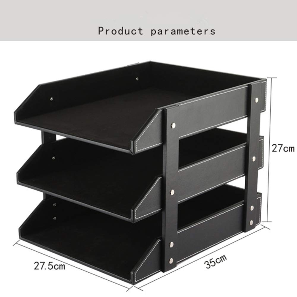 Leather Desk File Organizer 3Layer Stackable Tray Stationery Storage Black
